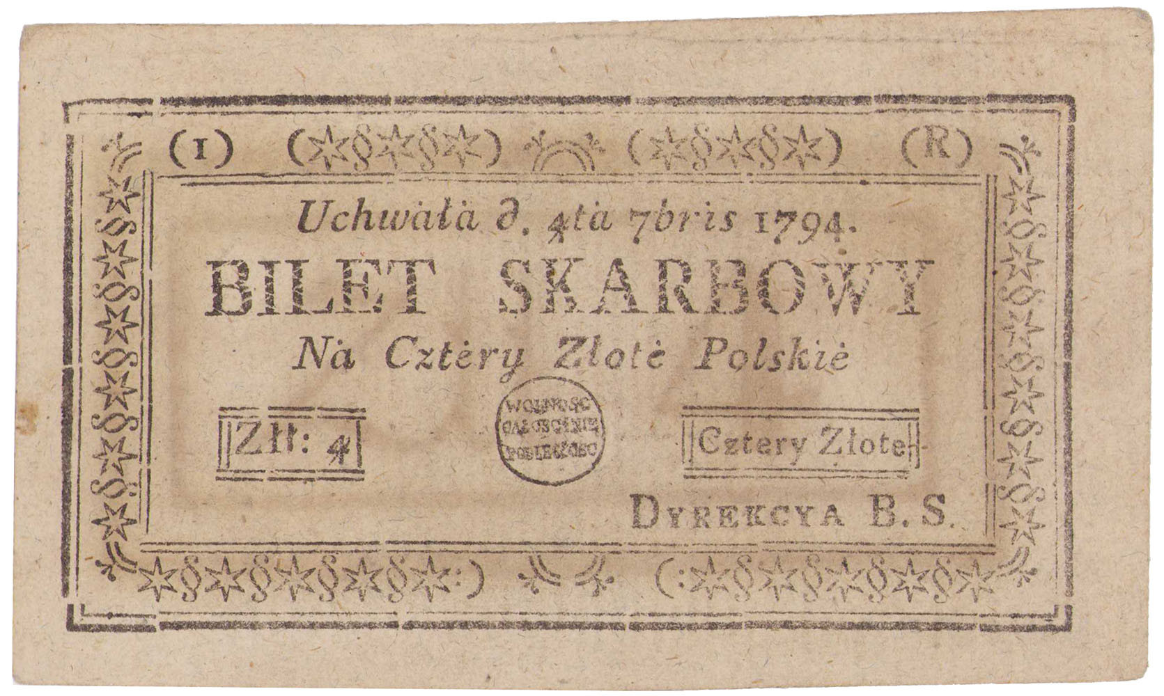Insurekcja Kościuszkowska. Bilet skarbowy 4 złote polskie 1794, seria 1-R